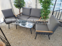 Meble ogrodowe aluminiowe sofa + 2 fotele + stolik szare poduchy POWYSTAWOWY